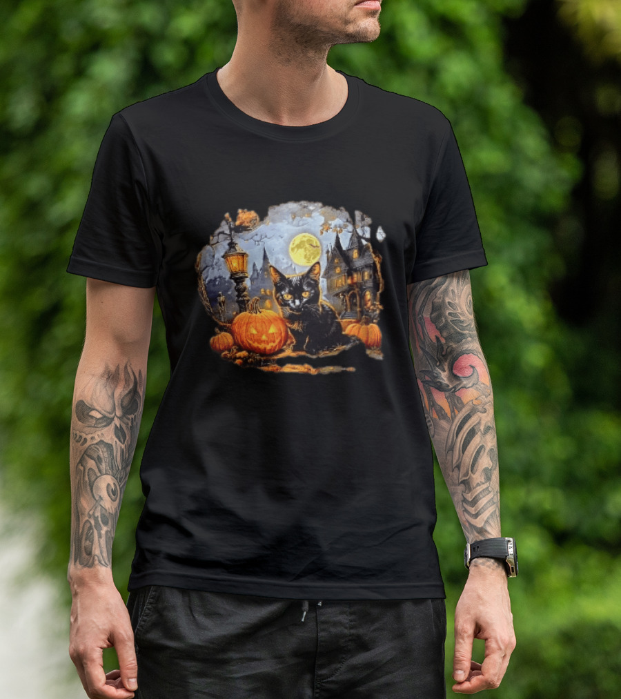 Black Cat Haunted House Pumpkin Full Moon Halloween Magic T-Shirt