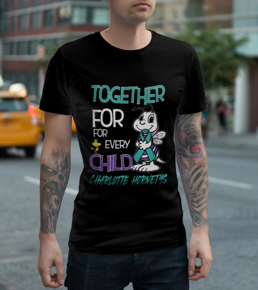 TOGETHER FOR EVERY CHILD Charlotte Hornets Cartoon Hornet Holding Ribbon Woodstock T-Shirt