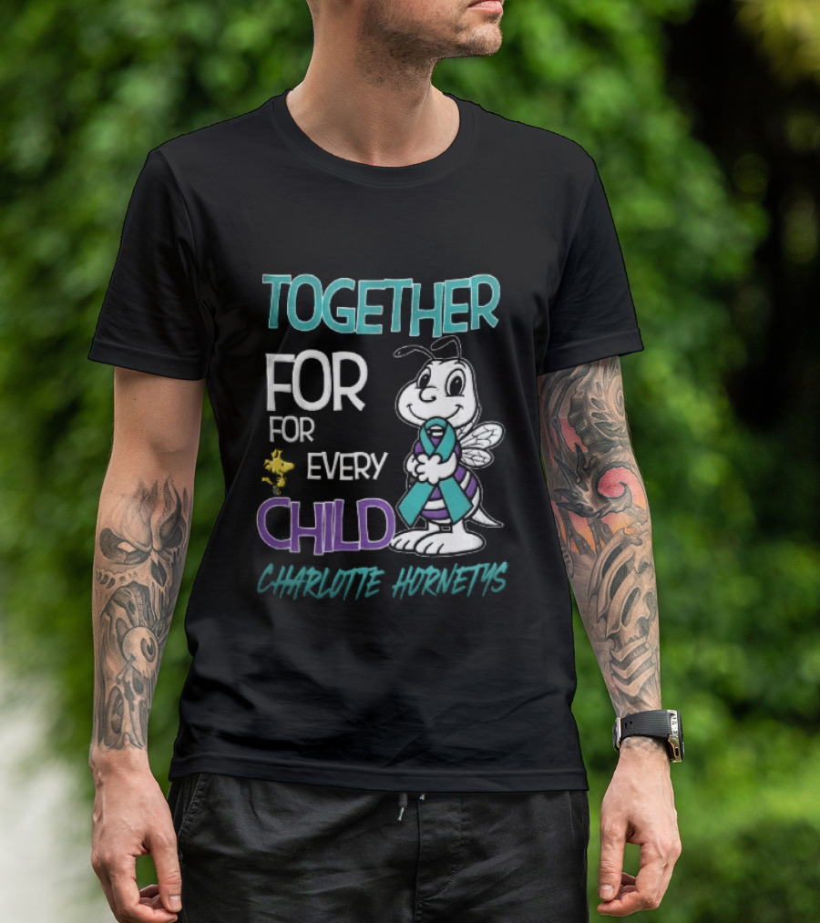 TOGETHER FOR EVERY CHILD Charlotte Hornets Cartoon Hornet Holding Ribbon Woodstock T-Shirt