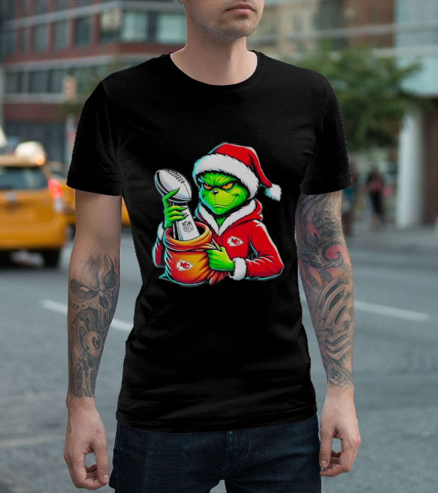 Kansas City Chiefs Grinch Christmas Holiday NFL Trophy Santa Hat T-Shirt