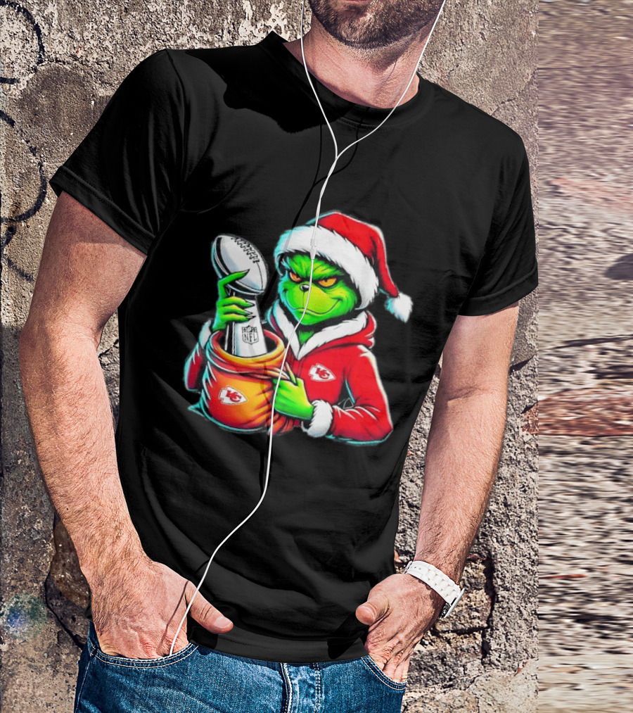 Kansas City Chiefs Grinch Christmas Holiday NFL Trophy Santa Hat T-Shirt