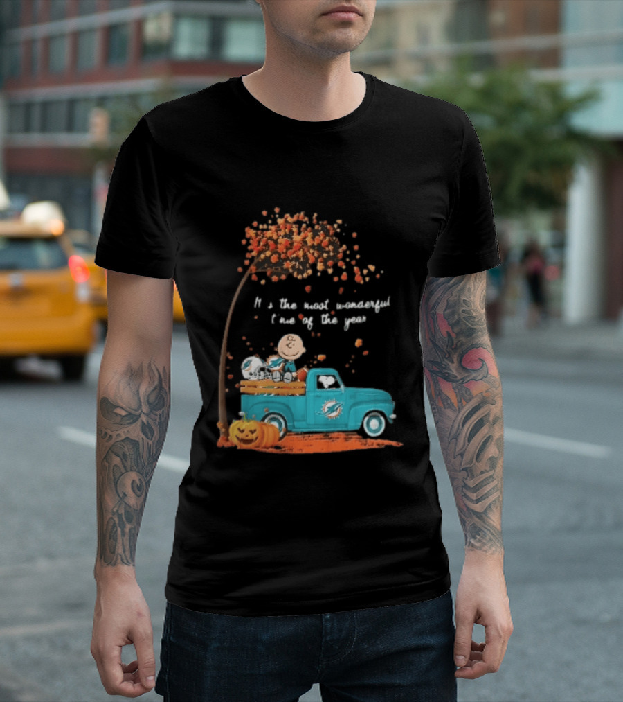 Miami Dolphins Charlie Brown Snoopy Pickup Truck Pumpkins Most Wonderful Time Of Year T-Shirt