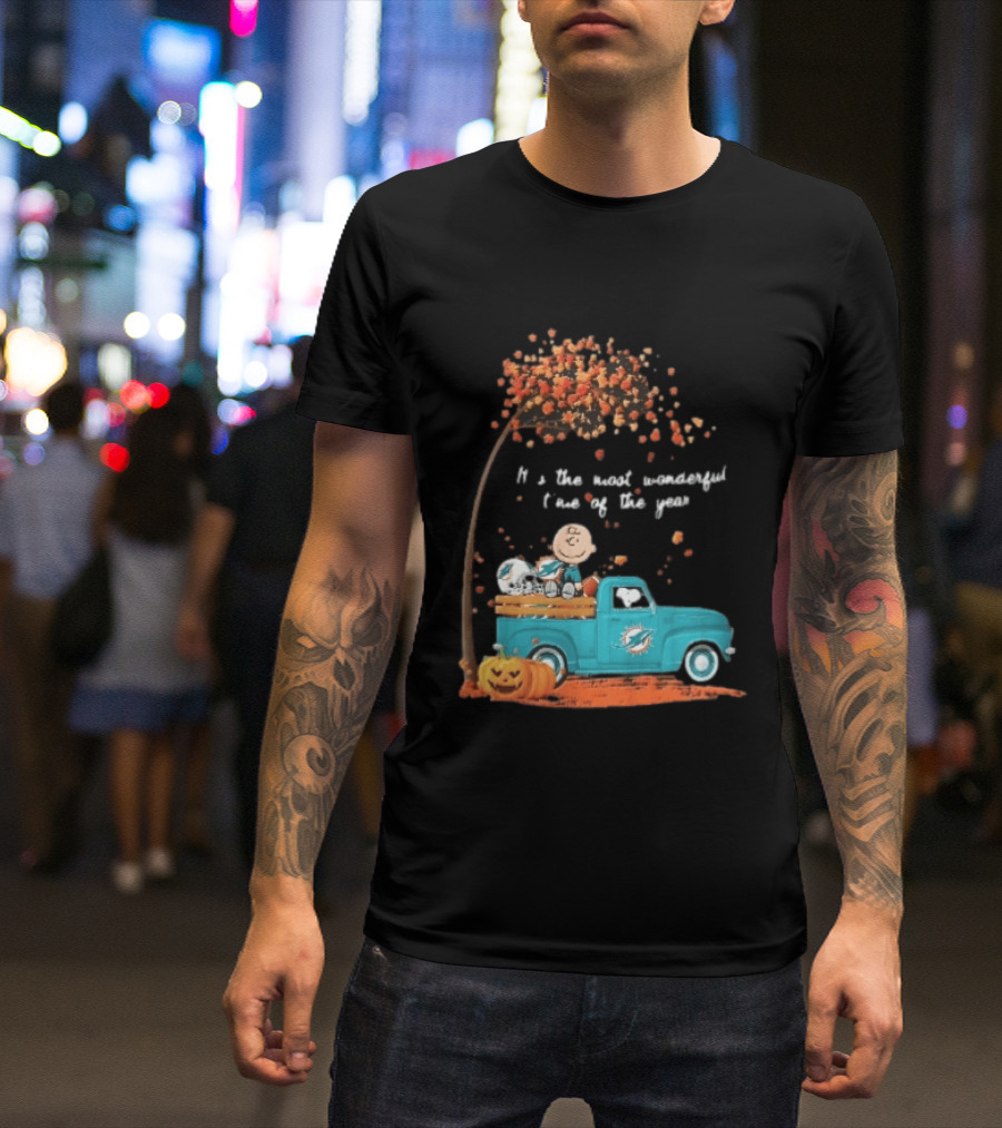 Miami Dolphins Charlie Brown Snoopy Pickup Truck Pumpkins Most Wonderful Time Of Year T-Shirt