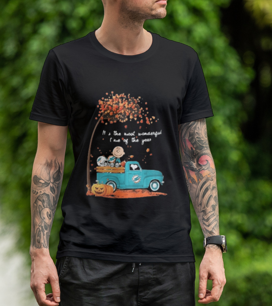 Miami Dolphins Charlie Brown Snoopy Pickup Truck Pumpkins Most Wonderful Time Of Year T-Shirt