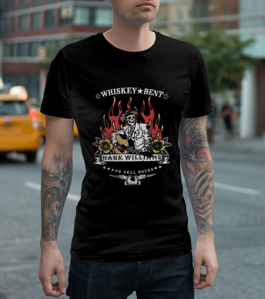 Hank Williams Jr Whiskey Bent And Hell Bound Western Guitar Flames T-Shirt