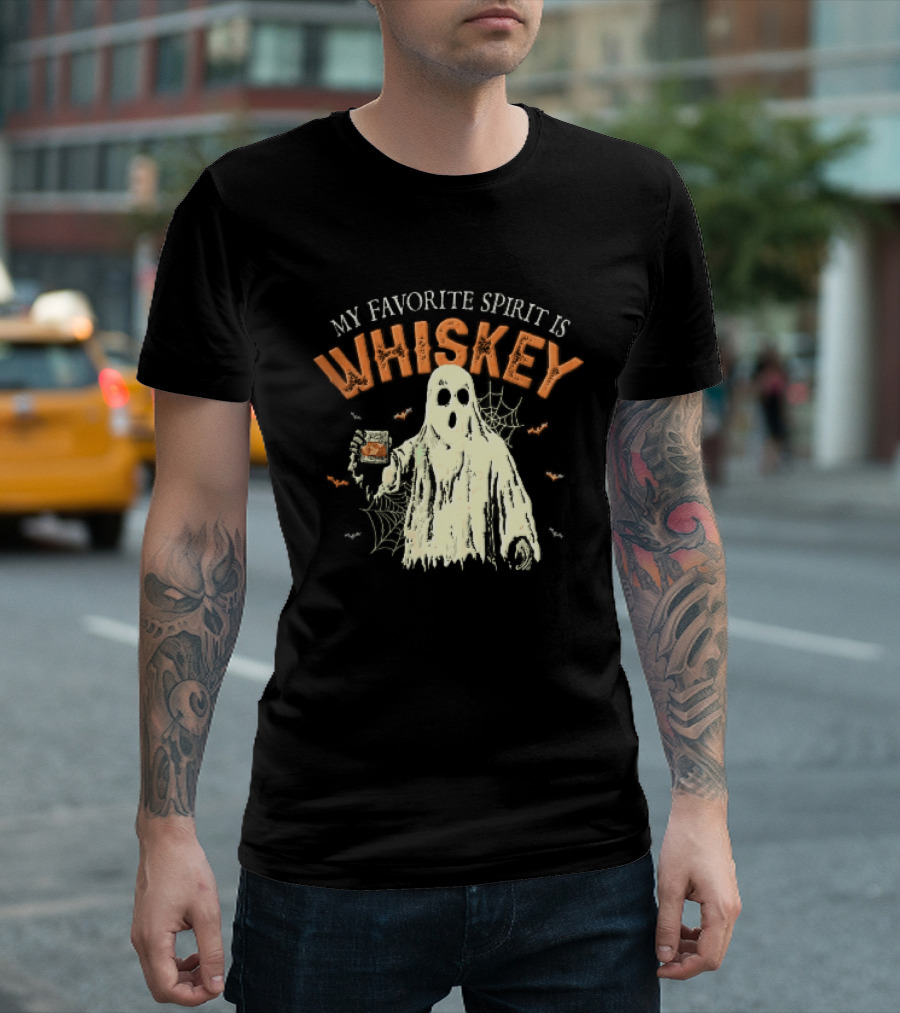 My Favorite Spirit Is Whiskey Ghost Holding Glass Bats Cobwebs Distressed T-Shirt