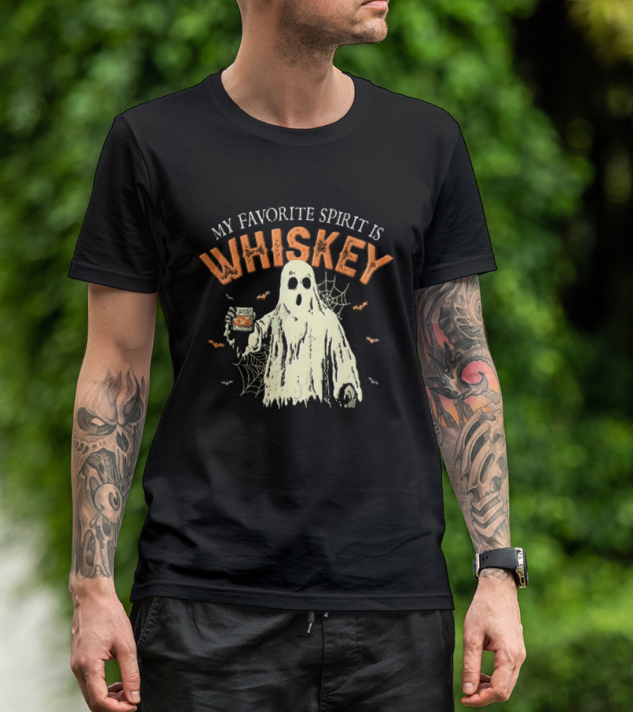 My Favorite Spirit Is Whiskey Ghost Holding Glass Bats Cobwebs Distressed T-Shirt