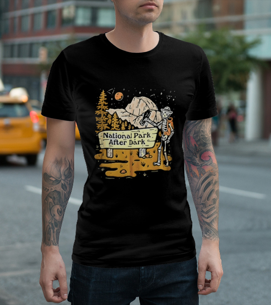 National Park After Dark Skeleton Ranger With Raven And Mountain Cartoons T-Shirt