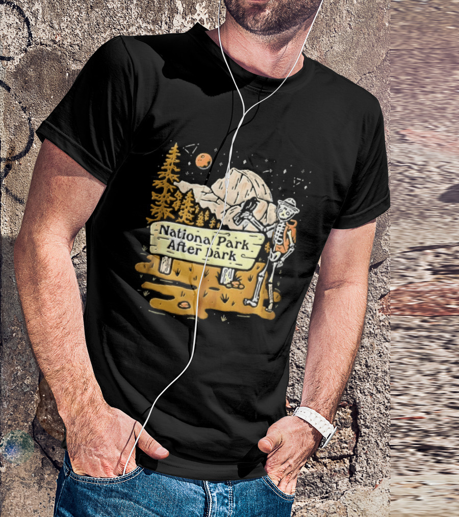 National Park After Dark Skeleton Ranger With Raven And Mountain Cartoons T-Shirt