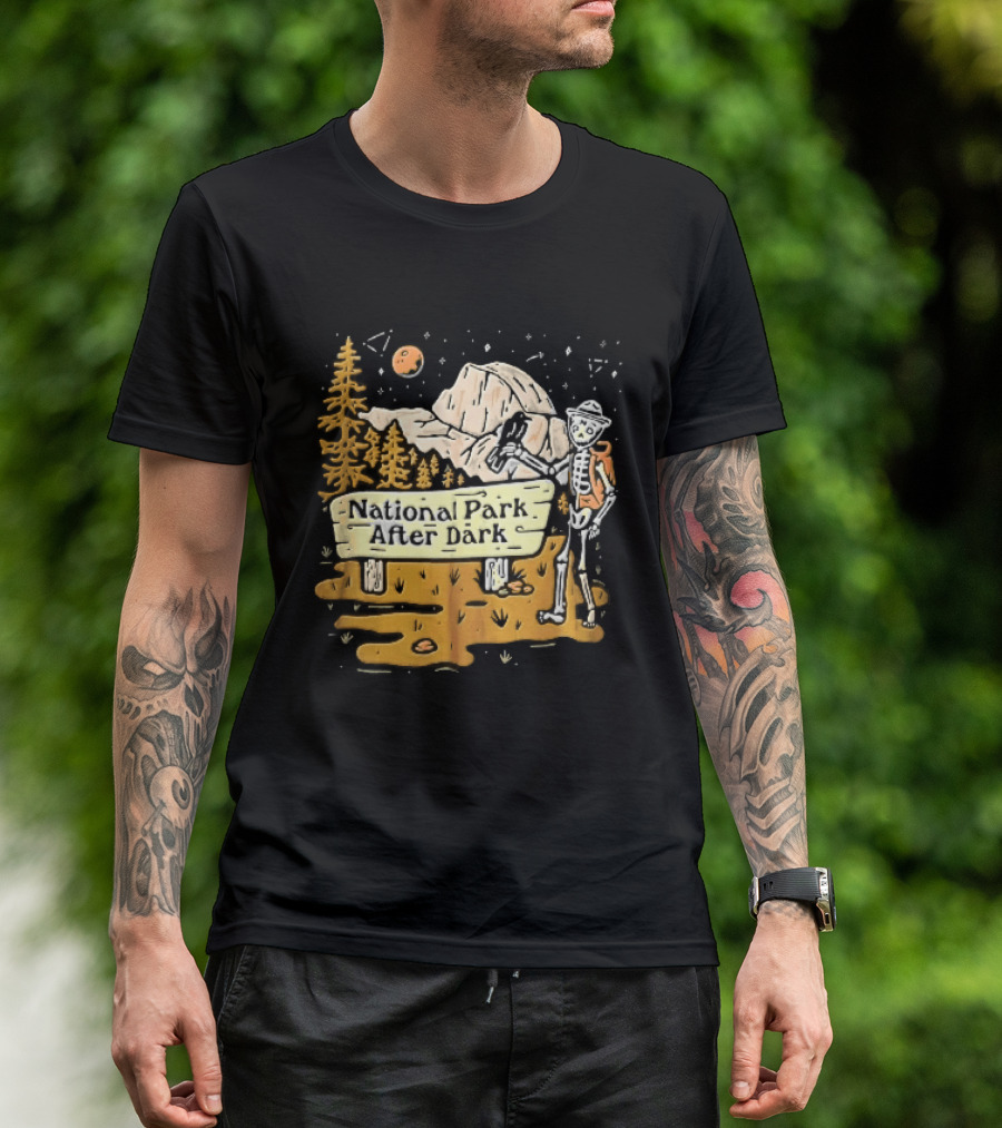 National Park After Dark Skeleton Ranger With Raven And Mountain Cartoons T-Shirt
