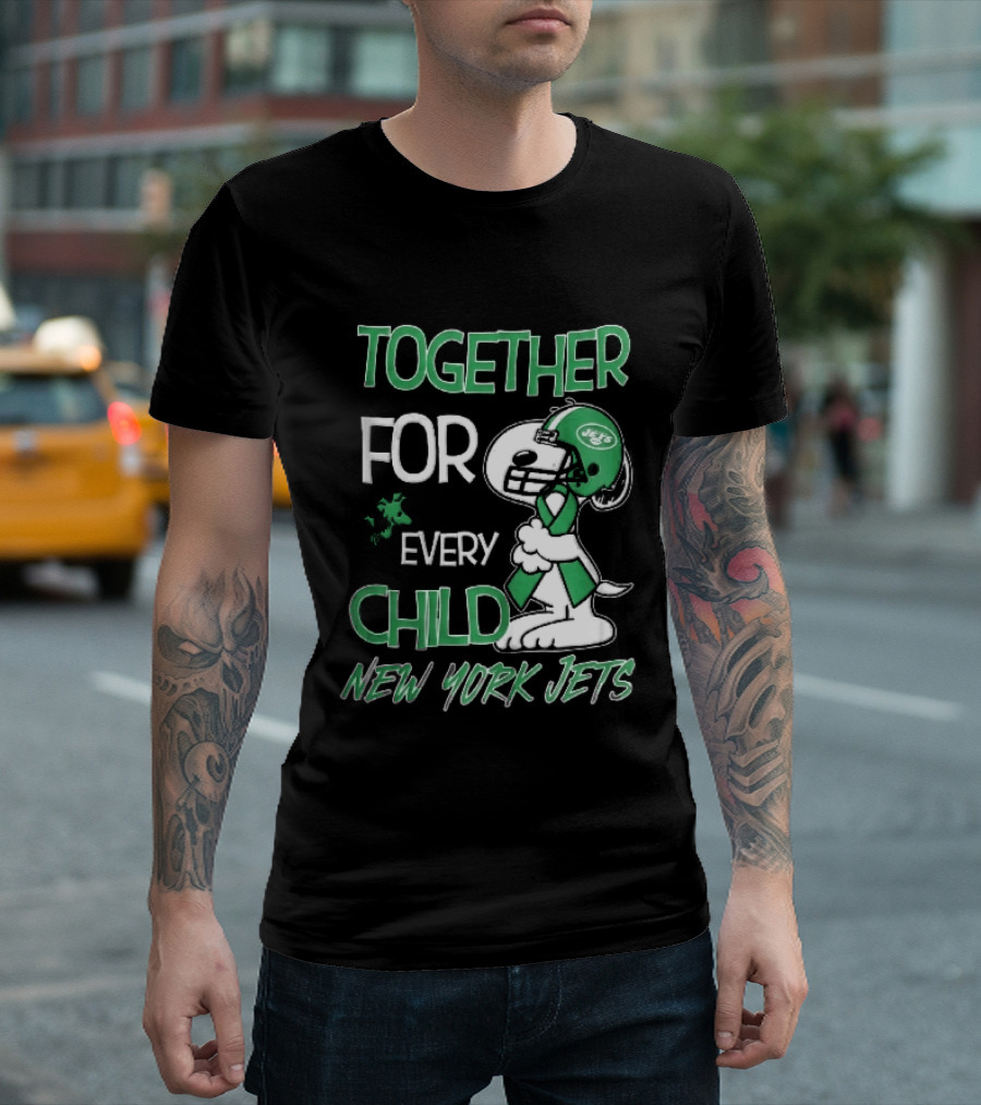 New York Jets Snoopy Woodstock Together For Every Child Football Helmet Green Ribbon T-Shirt