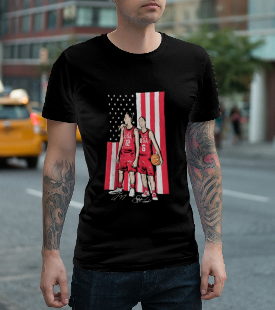 Sue Bird Diana Taurasi USA Basketball American Flag Signatures T-Shirt