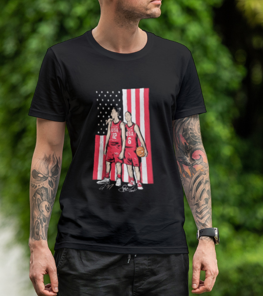 Sue Bird Diana Taurasi USA Basketball American Flag Signatures T-Shirt