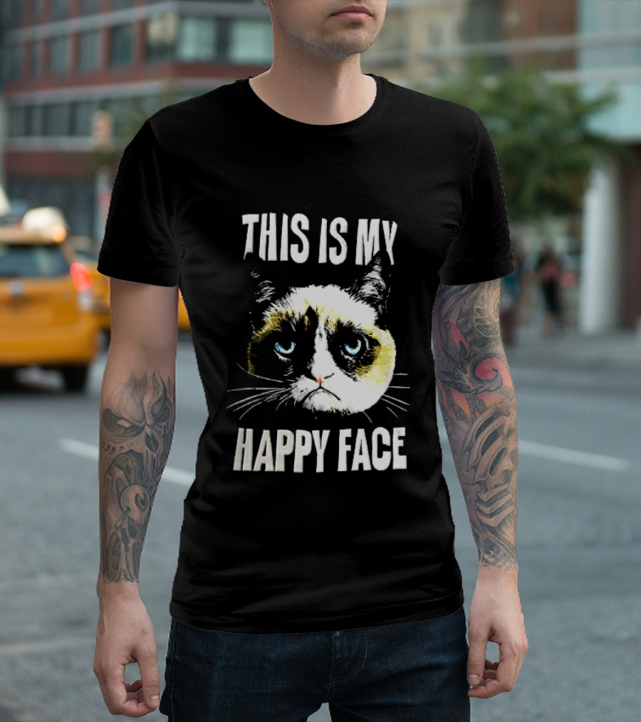 This Is My Happy Face Grumpy Cat Blue Eyes Frowning T-Shirt