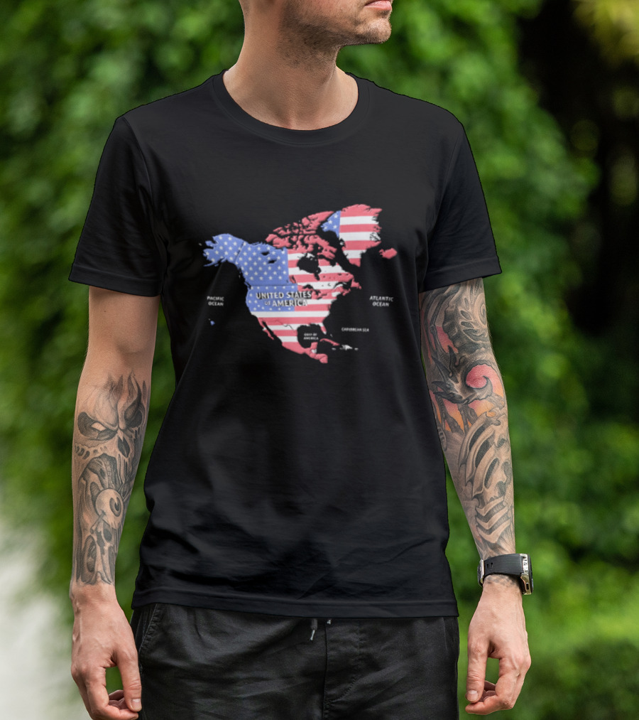 United States American Flag Map Of North America Featuring USA Canada Mexico Greenland T-Shirt