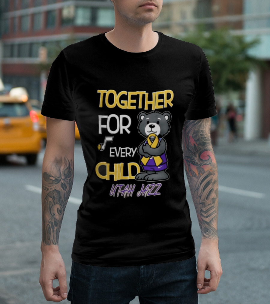 Utah Jazz Together For Every Child Cartoon Bear Gold Ribbon Purple Uniform T-Shirt