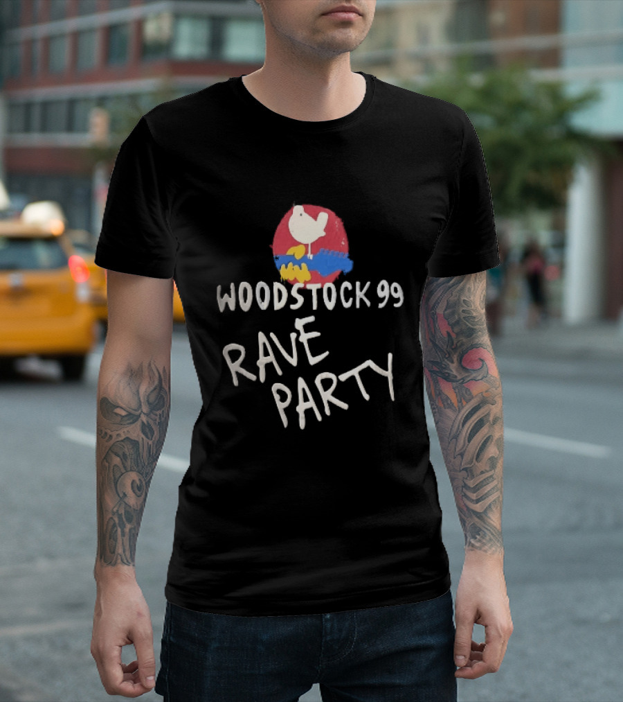 Woodstock 99 Rave Party White Dove Blue Guitar Red T-Shirt