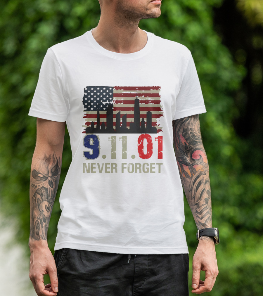 9.11.01 Never Forget American Flag Skyline Memorial Patriot 9 11 T-Shirt