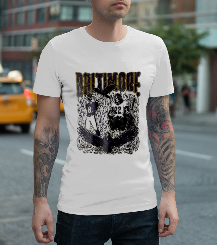 Baltimore Ravens Skeleton Grim Reaper Scythe Purple Flames Football Players Ravens T-Shirt