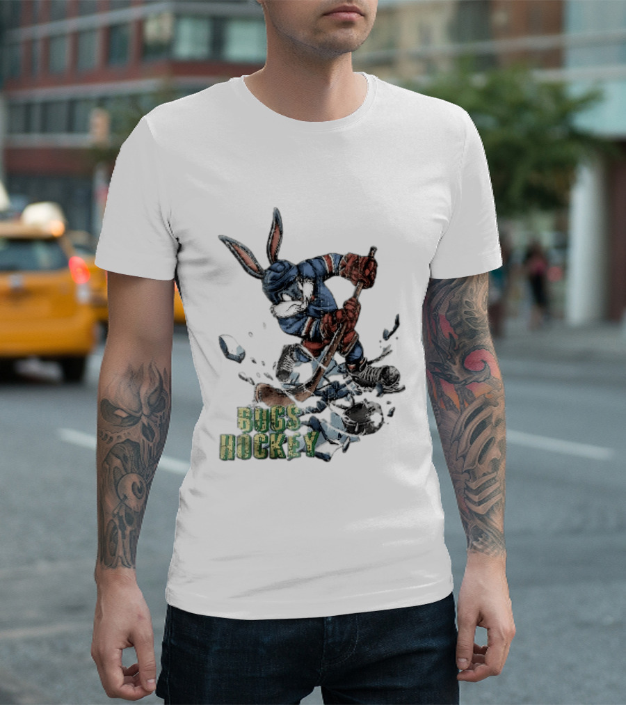 Bugs Hockey Cartoon Bunny Cracking Ice Puck Shot Distressed T-Shirt