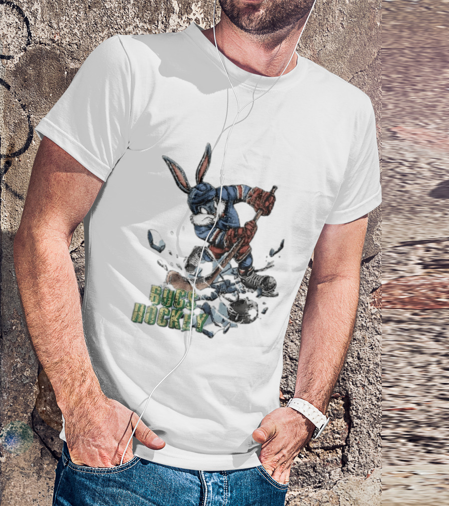 Bugs Hockey Cartoon Bunny Cracking Ice Puck Shot Distressed T-Shirt