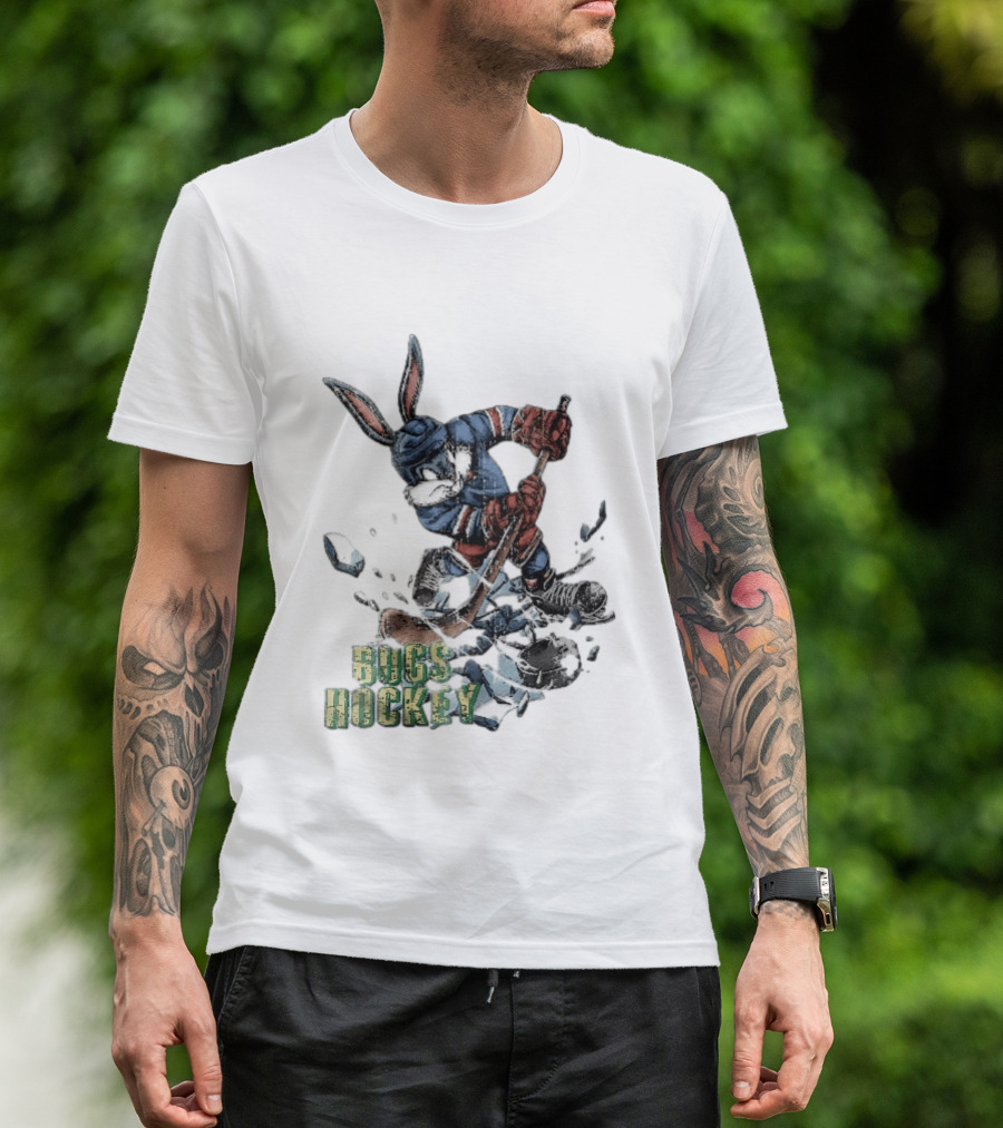 Bugs Hockey Cartoon Bunny Cracking Ice Puck Shot Distressed T-Shirt