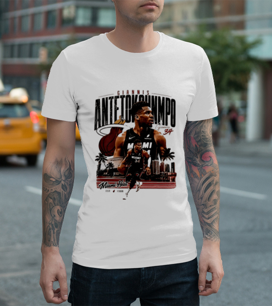 Giannis Antetokounmpo Miami Heat NBA Player Est 1988 Kaseya Center Palms And Cityscape T-Shirt