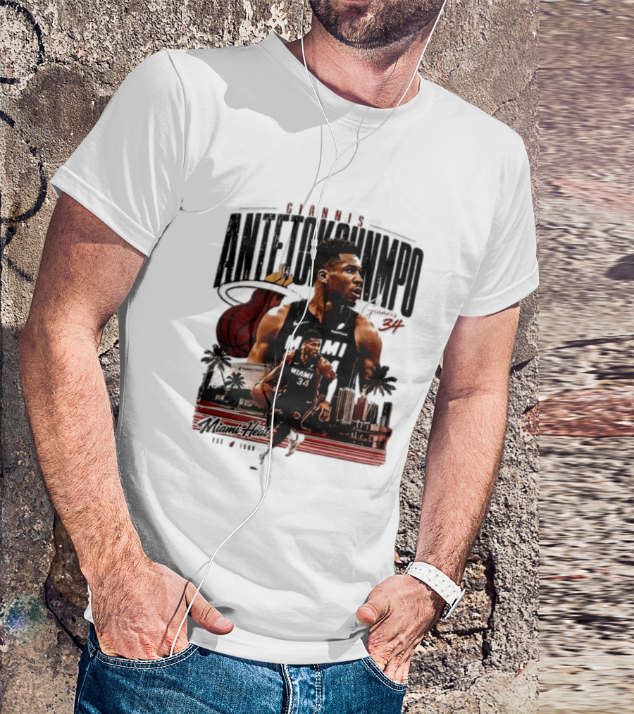 Giannis Antetokounmpo Miami Heat NBA Player Est 1988 Kaseya Center Palms And Cityscape T-Shirt
