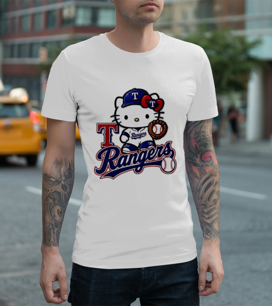 Hello Kitty Texas Rangers Baseball 2026 MLB Rangers Logo With Baseball Glove And Cap T-Shirt