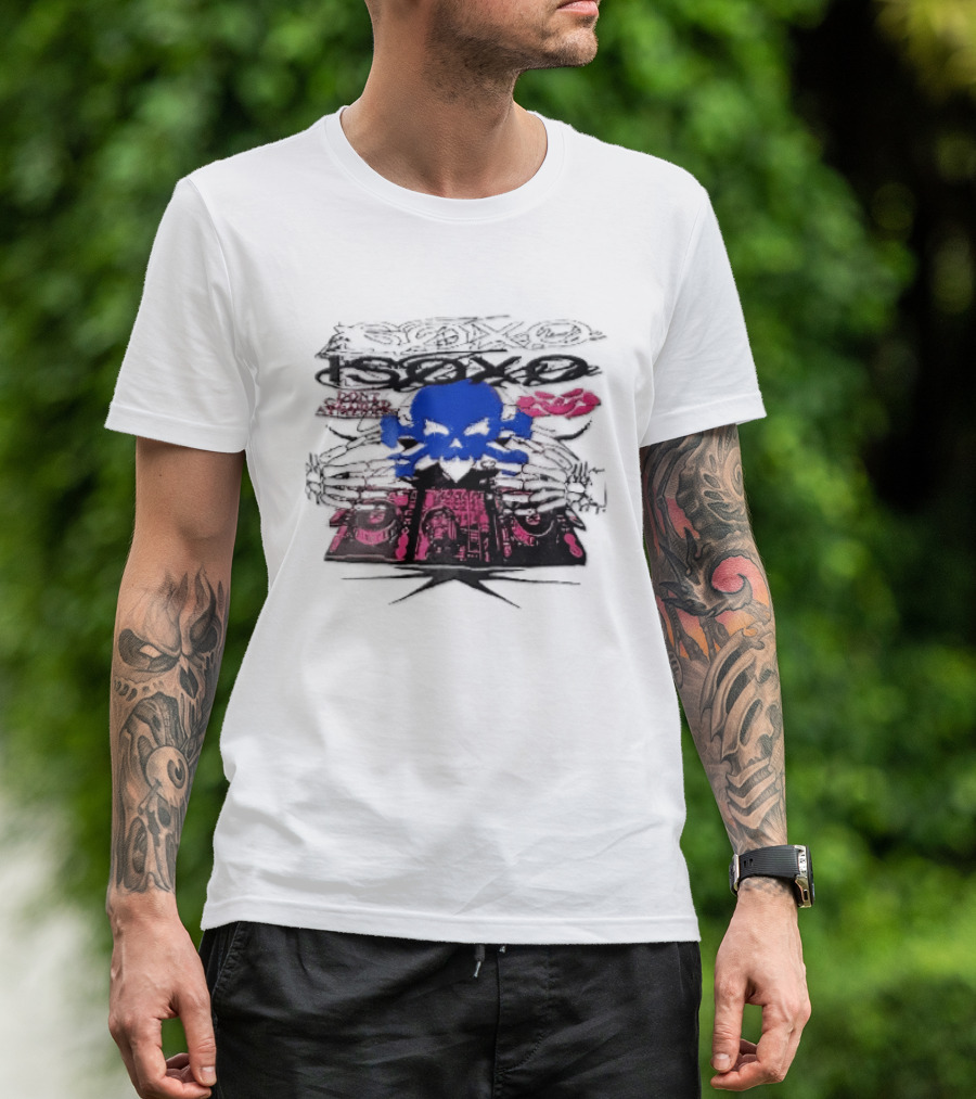 Isoxo Dont Get Mad Aim Back Blue Skull Skeleton Hands Dj Turntables T-Shirt