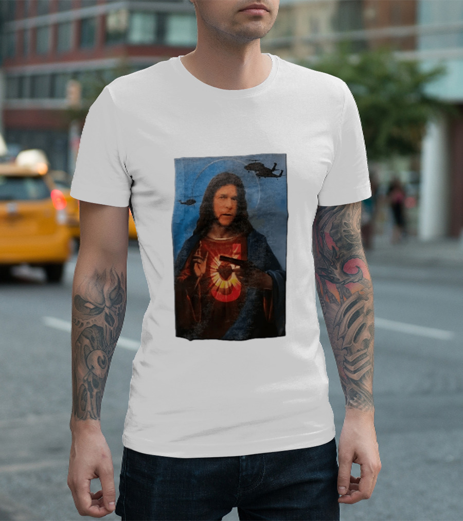 Jesus With Handgun And Military Helicopters Halo T-Shirt