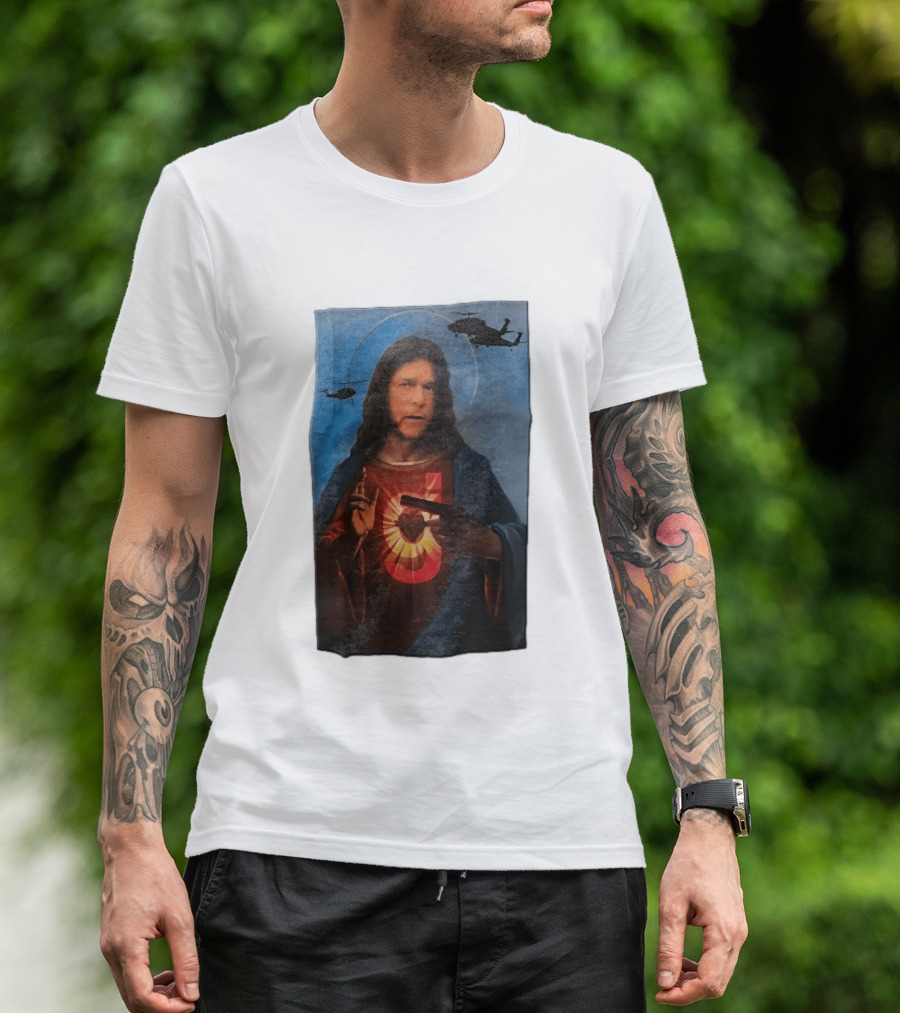 Jesus With Handgun And Military Helicopters Halo T-Shirt