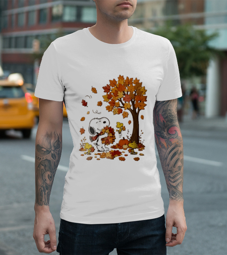 Snoopy Woodstock Autumn Leaves Pumpkin Fall Season Vibes T-Shirt