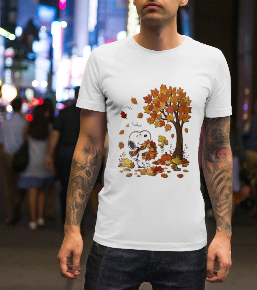 Snoopy Woodstock Autumn Leaves Pumpkin Fall Season Vibes T-Shirt
