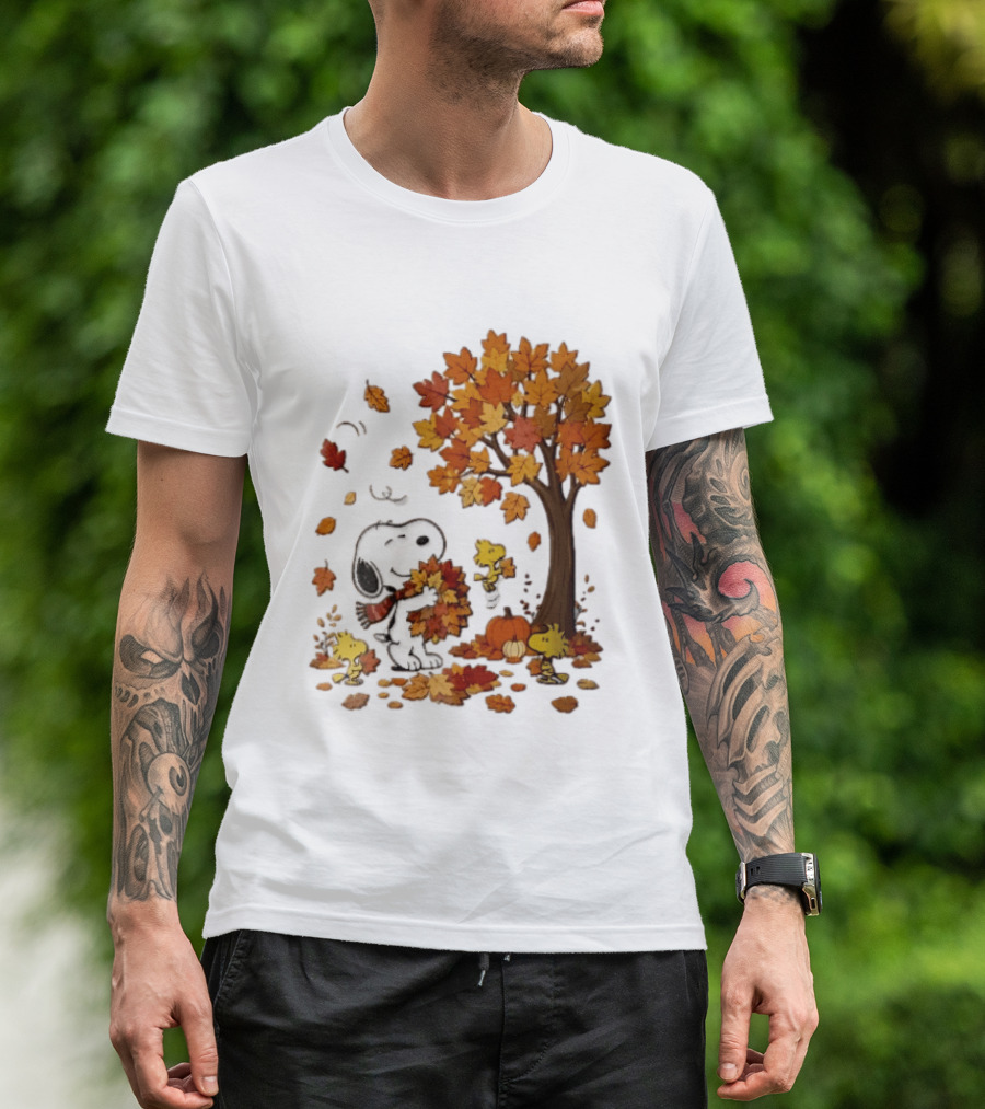 Snoopy Woodstock Autumn Leaves Pumpkin Fall Season Vibes T-Shirt