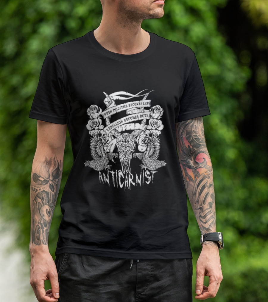 Anticarnist Horned Skull Injustice Rebellion Duty Human Skulls Chickens T-Shirt