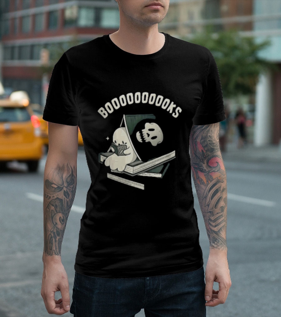 Boooooooooks Cartoon Ghost Reading Novel With Skeleton Specter T-Shirt