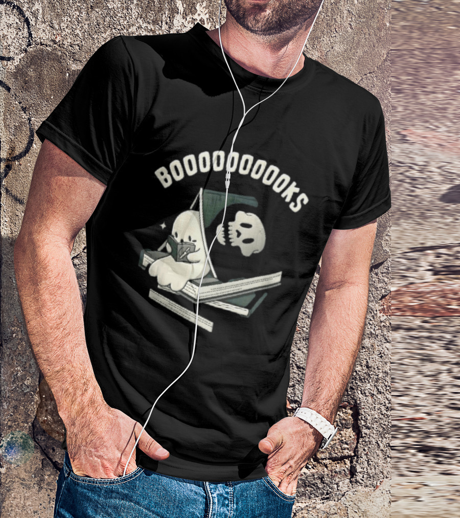 Boooooooooks Cartoon Ghost Reading Novel With Skeleton Specter T-Shirt