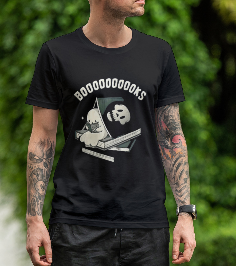 Boooooooooks Cartoon Ghost Reading Novel With Skeleton Specter T-Shirt