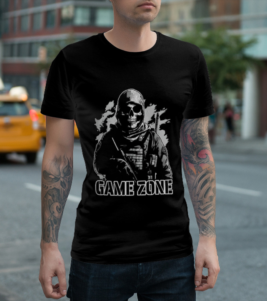 Game Zone Monochrome Skull Soldier Tactical Rifle Hooded T-Shirt