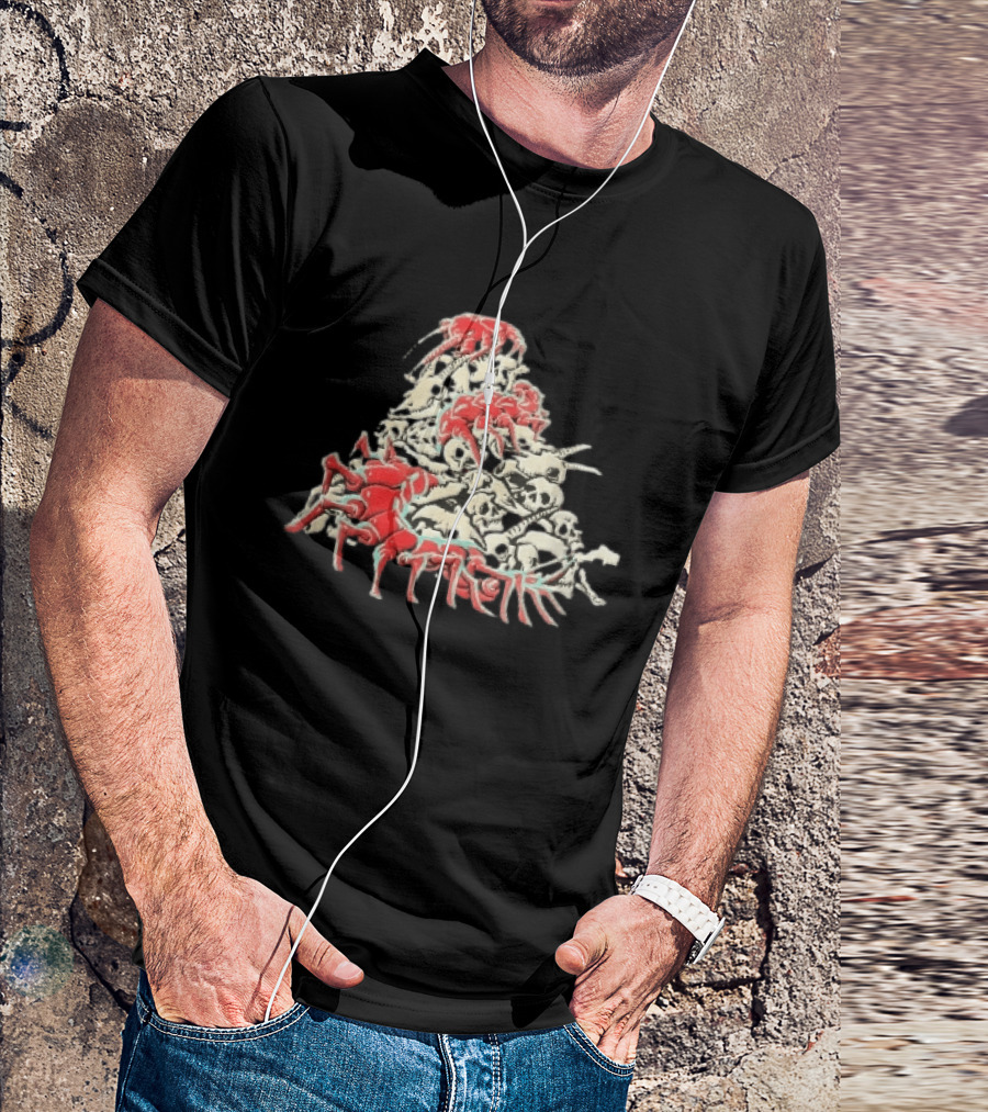 Giant Red Centipede Cyan Crawling Pile Of Skulls T-Shirt