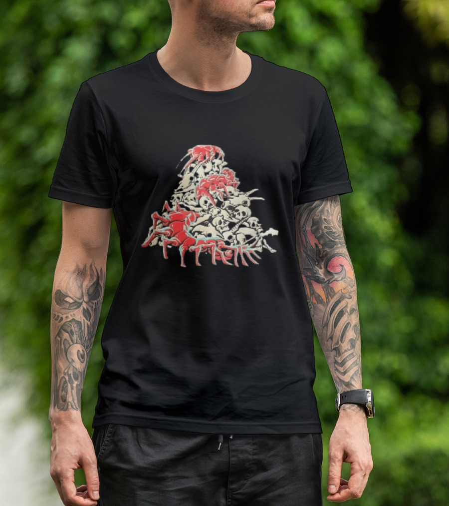 Giant Red Centipede Cyan Crawling Pile Of Skulls T-Shirt