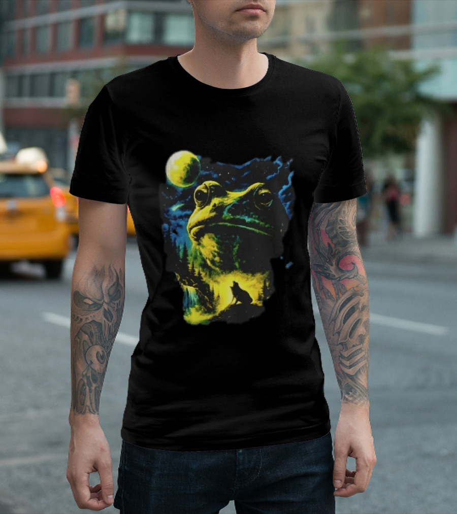 Giant Toad Glowing Moon Howling Waterfall Forest Mystic Scene T-Shirt