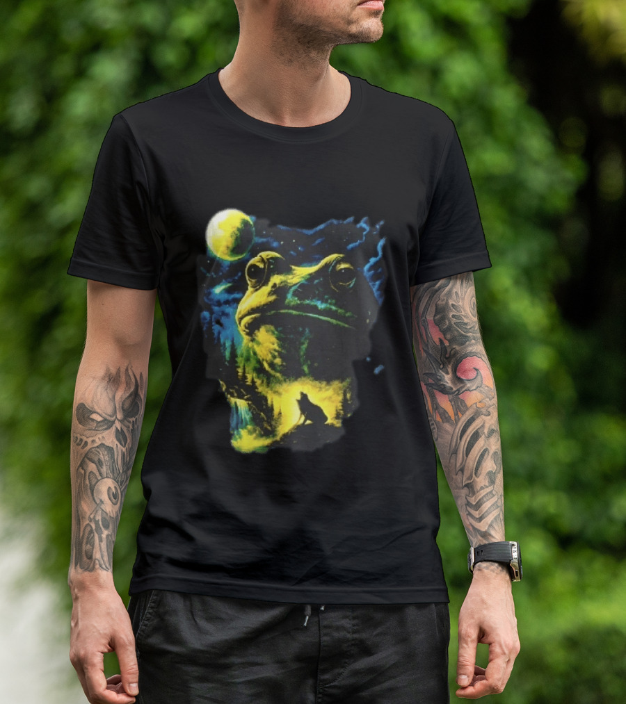 Giant Toad Glowing Moon Howling Waterfall Forest Mystic Scene T-Shirt