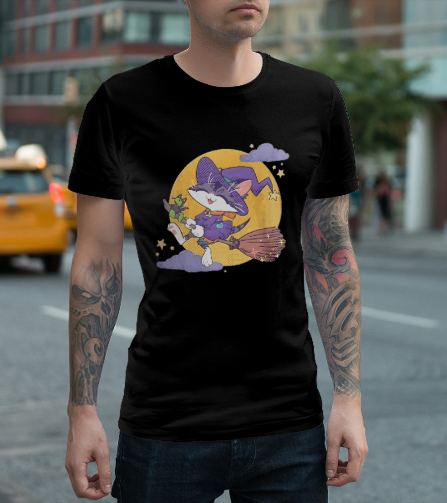 Halftone Cartoon Cat Witch Flying On Broomstick With Moon And Stars T-Shirt
