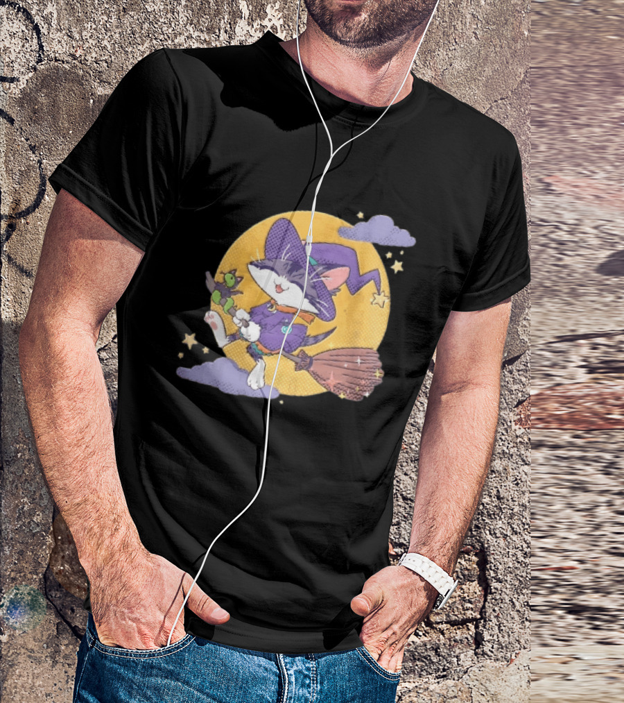 Halftone Cartoon Cat Witch Flying On Broomstick With Moon And Stars T-Shirt