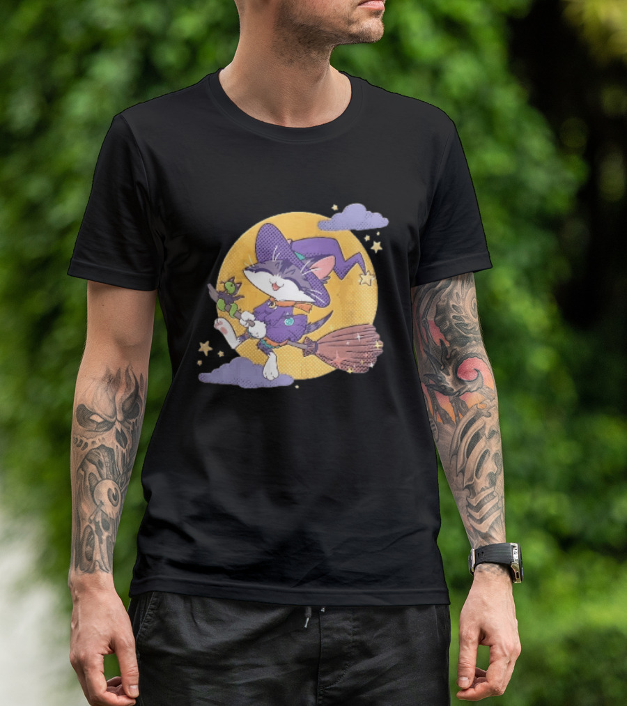 Halftone Cartoon Cat Witch Flying On Broomstick With Moon And Stars T-Shirt