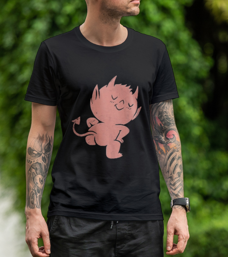Mischievous Little Red Devil Cartoon Mooning With Distressed Texture T-Shirt