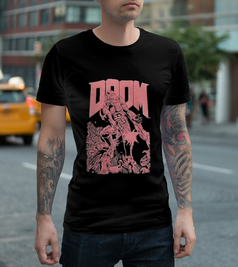 Doom Space Marine Battling Hell Demons Pink Sketch T-Shirt