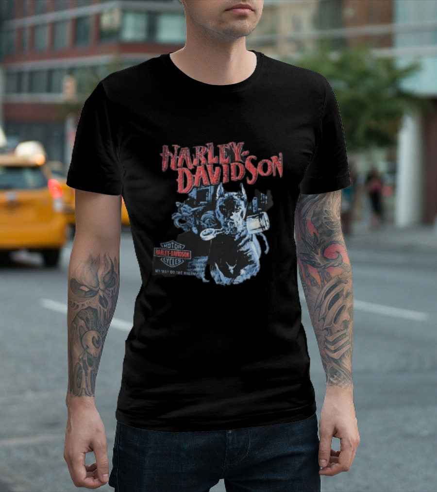 Harley Davidson My Way Or The Highway Dog Holding Piston Cycles T-Shirt